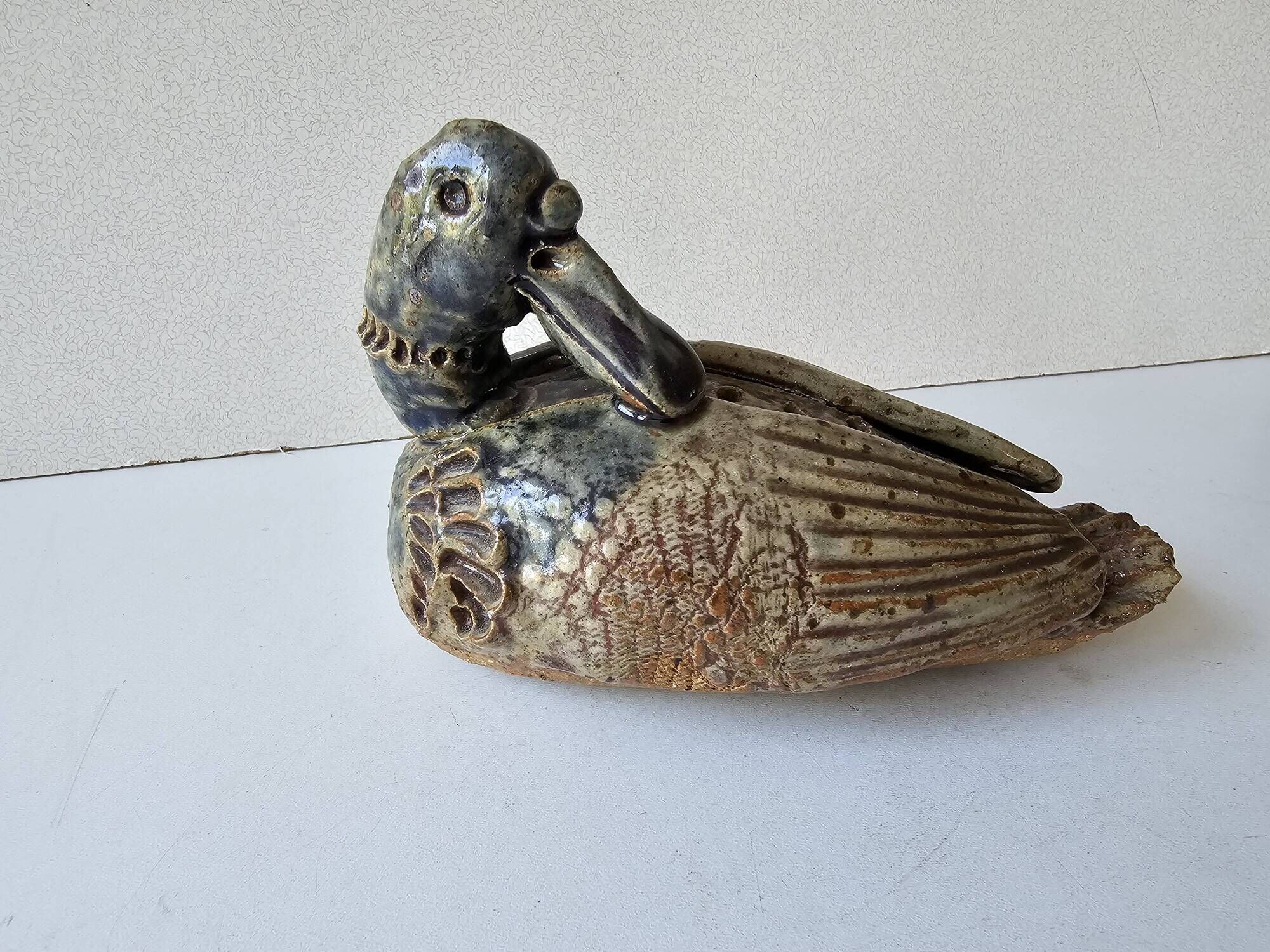 Zoomorphic ceramic sculpture - Duck / Vase of flowers Signed
