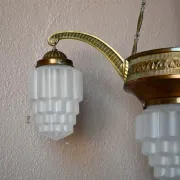 Art Deco lustre in brass and frosted pressed glass from the 1930s.