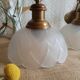 Pair of frosted glass flower pendant lights with vintage wood and brass