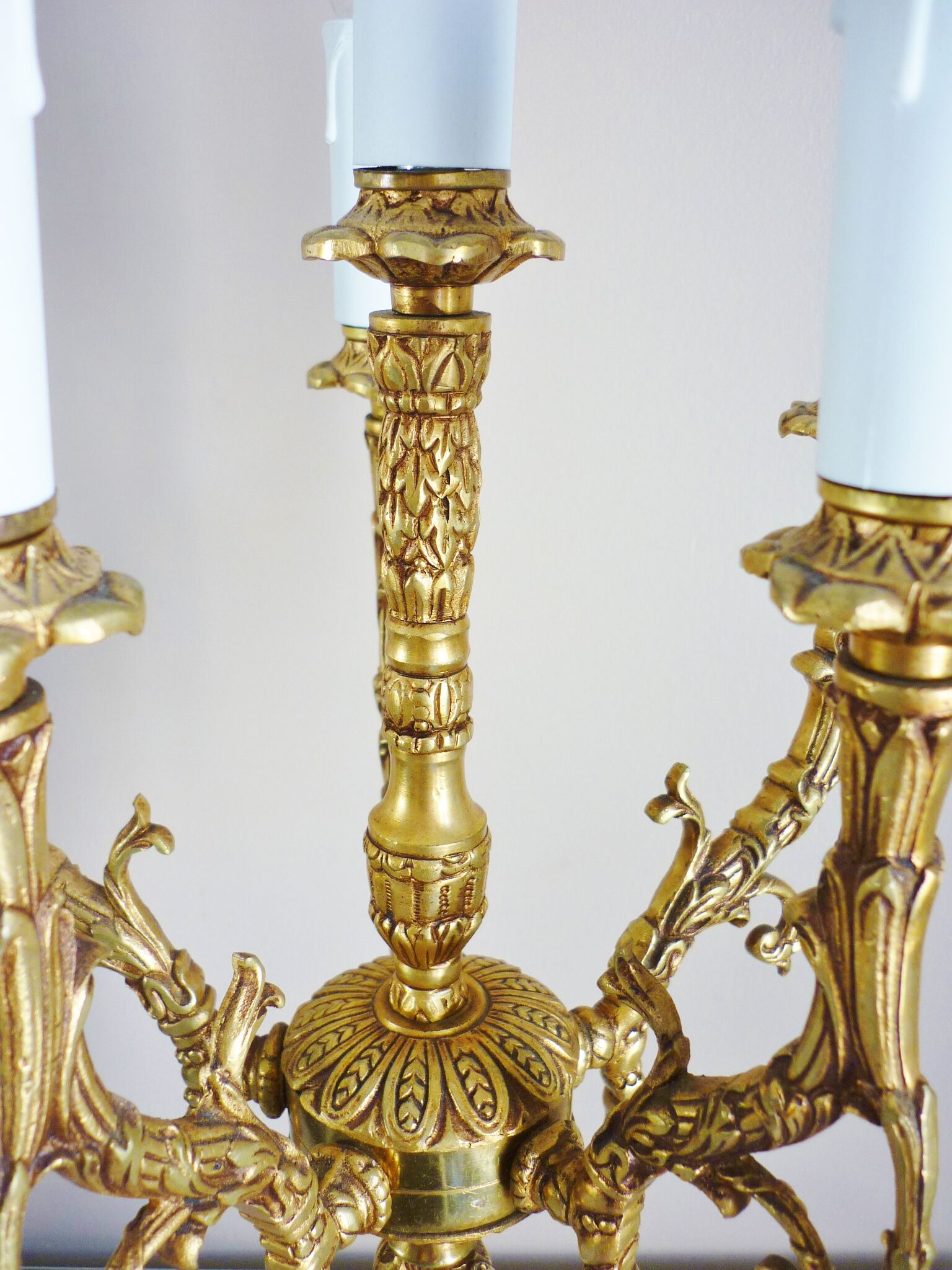 Candelabra, 6-pointed candlestick, marble, bronze, putti decoration, putto