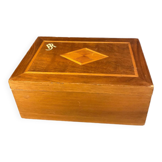 Old wooden box with marquetry and rj initials