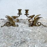 Paire de bougeoirs dragon laiton phoenix griffon