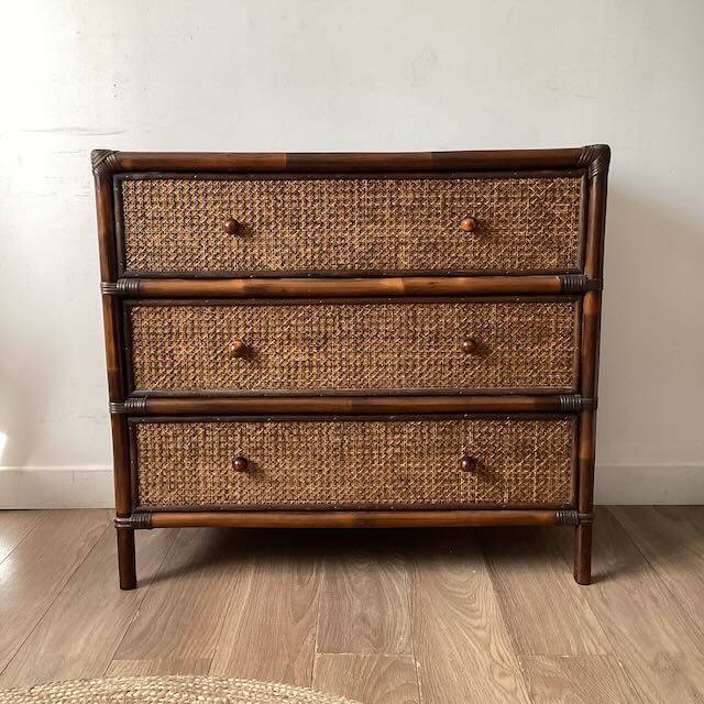 Commode vintage en bois et cannage