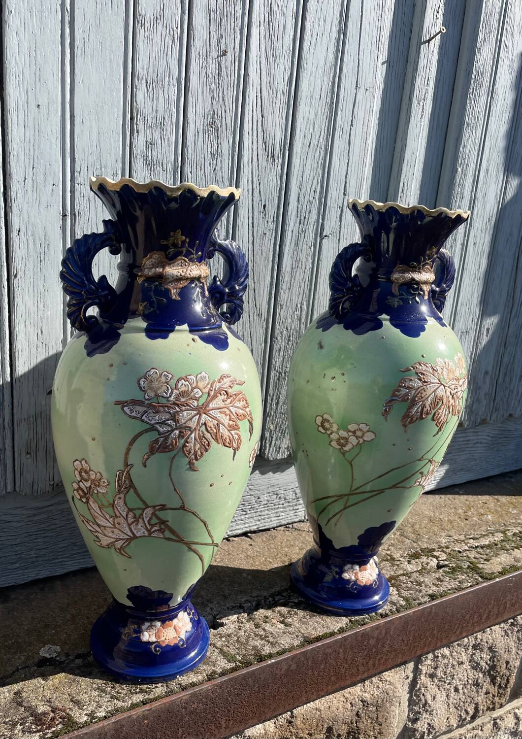 Pair of vintage 20th century Japanese Satsuma vases in decorated ceramic