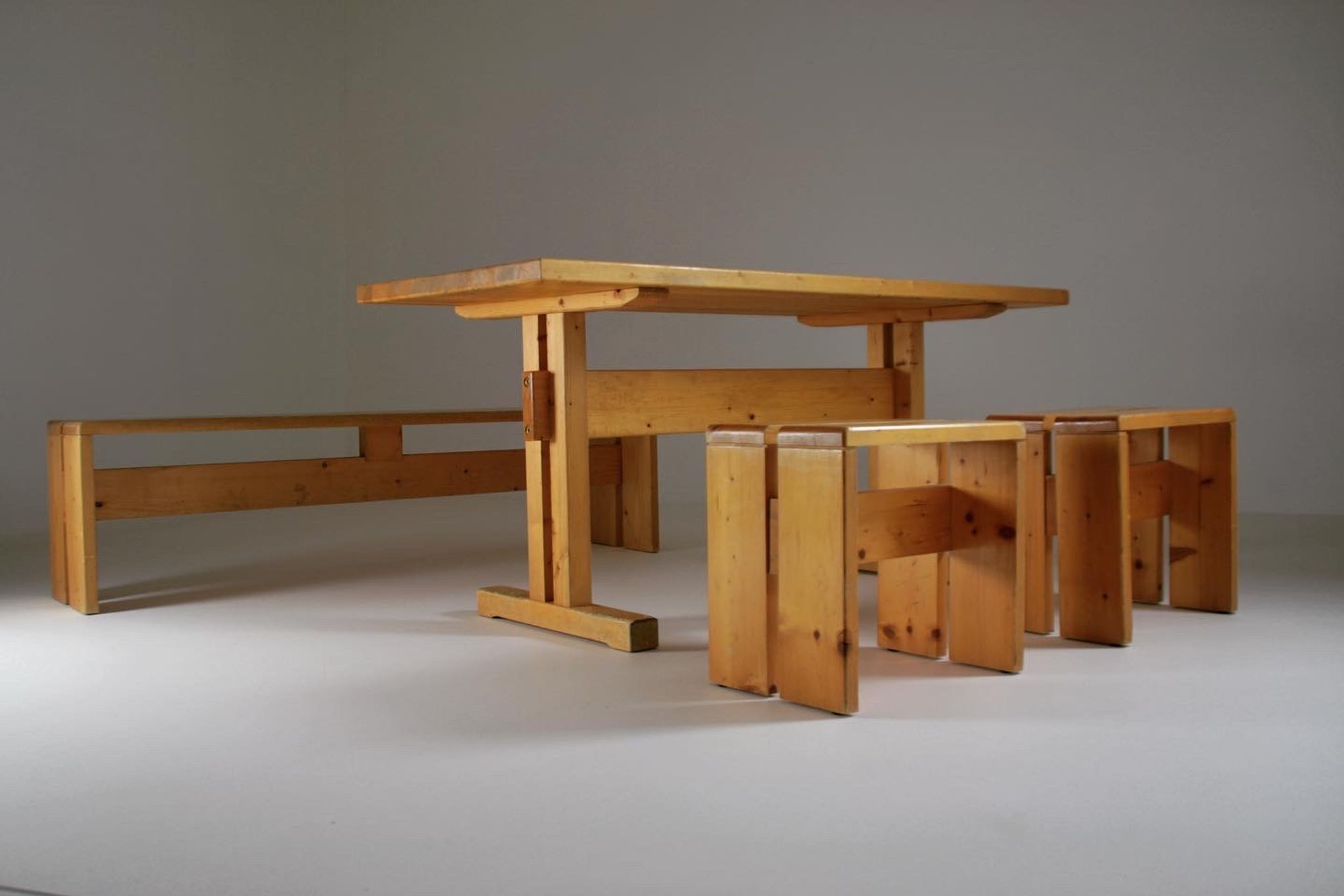 Table, bench and stools Les Arcs by Charlotte Perriand, France, 1960