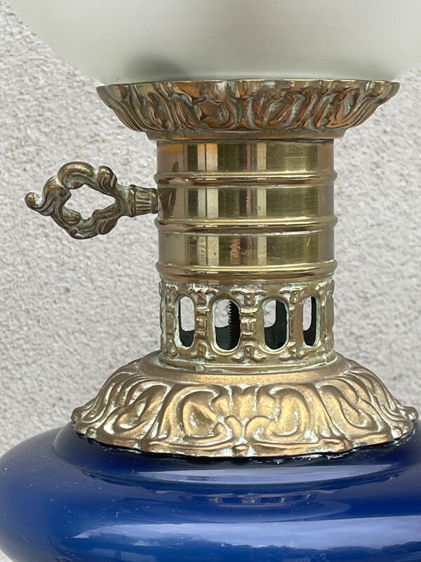 Lampe balustre porcelaine bleu et bronze