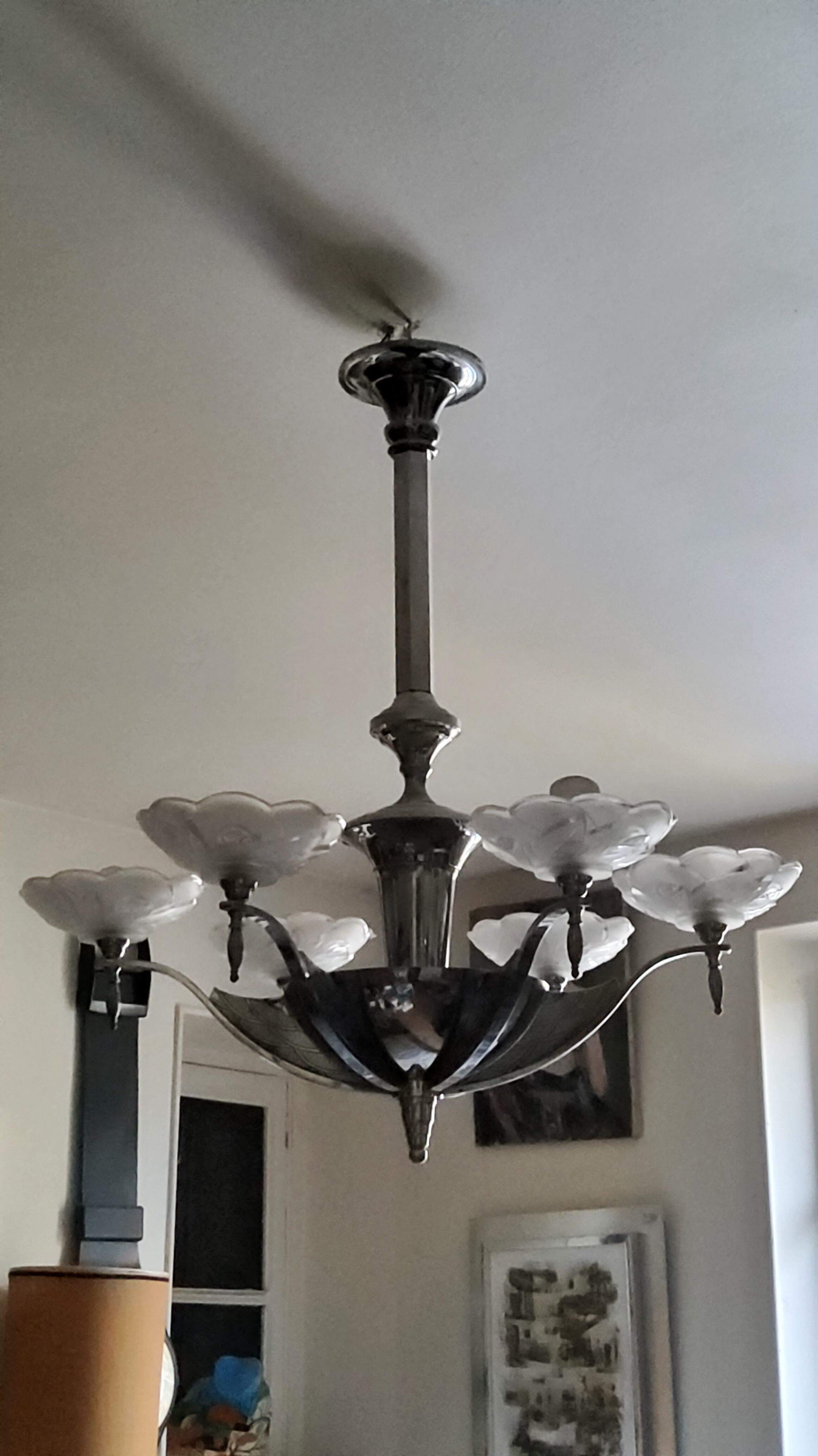 Art deco chandelier in chromed metal and glass 6 arms of lights