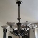 Art deco chandelier in chromed metal and glass 6 arms of lights