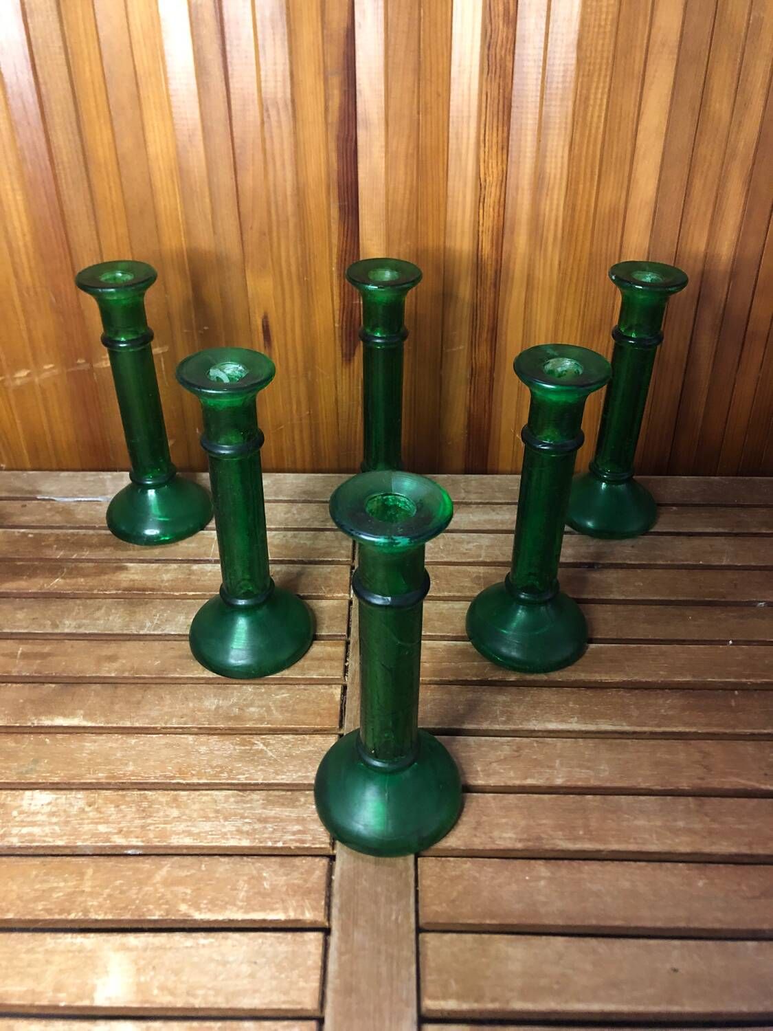 Series of 6 old vintage green bubble molded glass candlesticks #a529