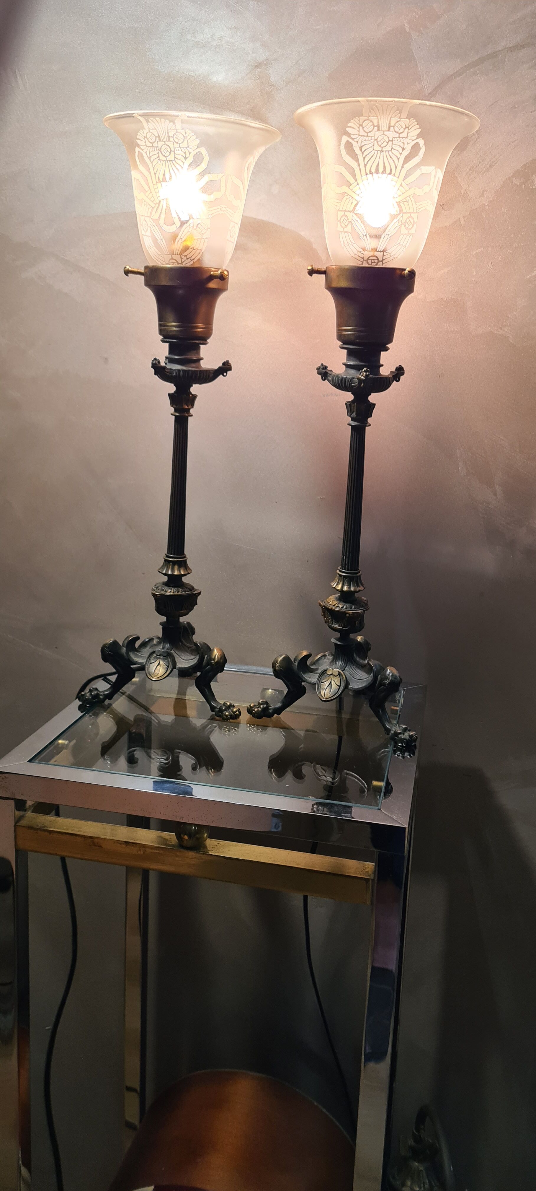 2 tripod lamps empire napoleon 1890 acid-etched tulips in unsigned bacara 46x15