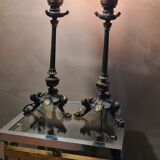 2 lampes tripode empire  napoleon 1890 tulipes gravé a l acide dans le bacara non signe 46x15