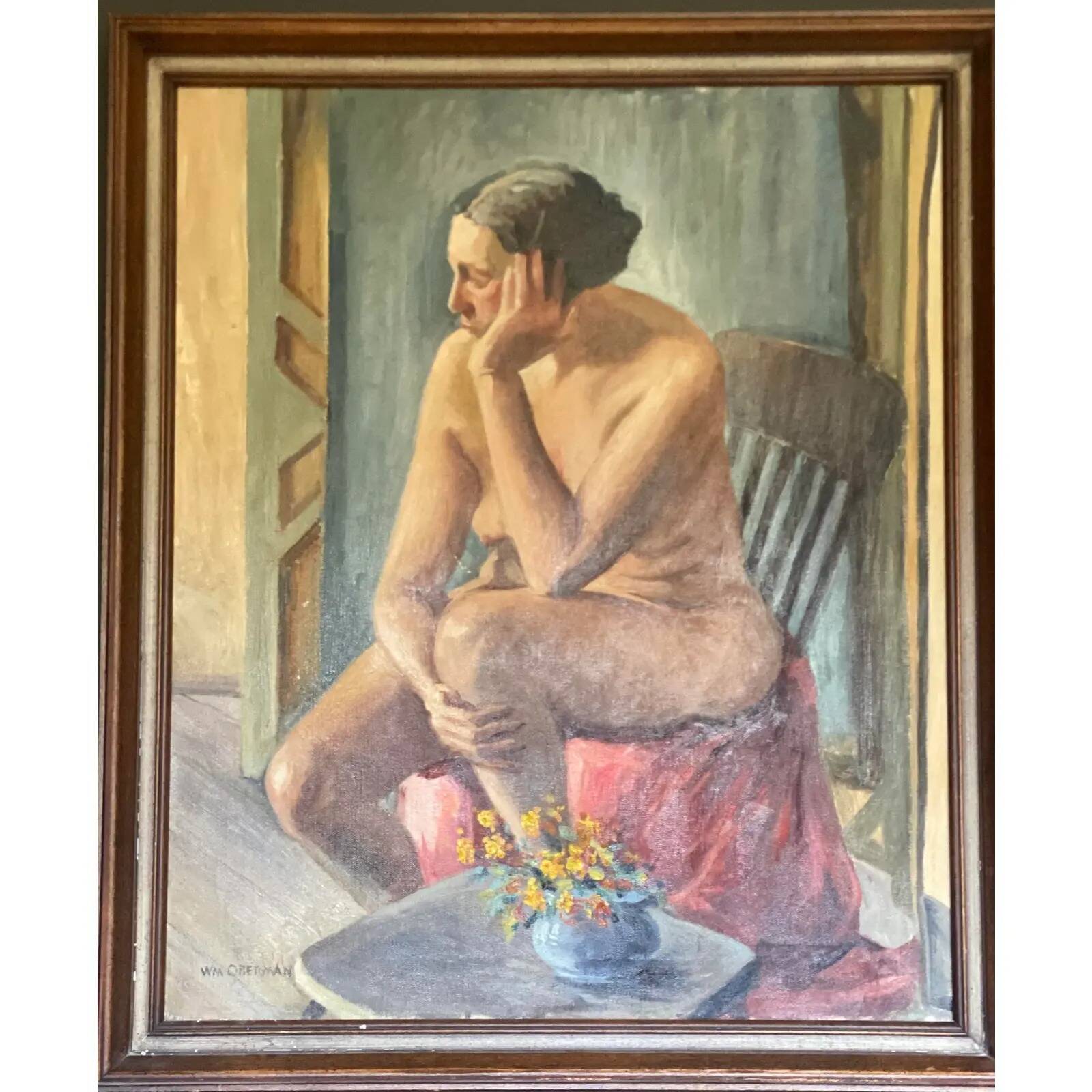 Oil Painting of a Sitting Nude Woman, Framed