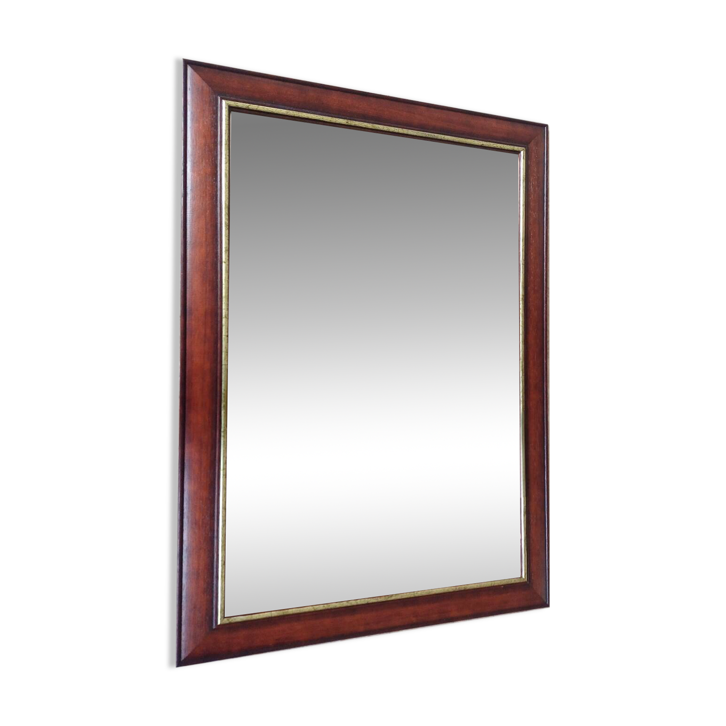 Vintage Cherry Wood Wall Mirror with Gilt Detail & Beveled Glass, 1980
