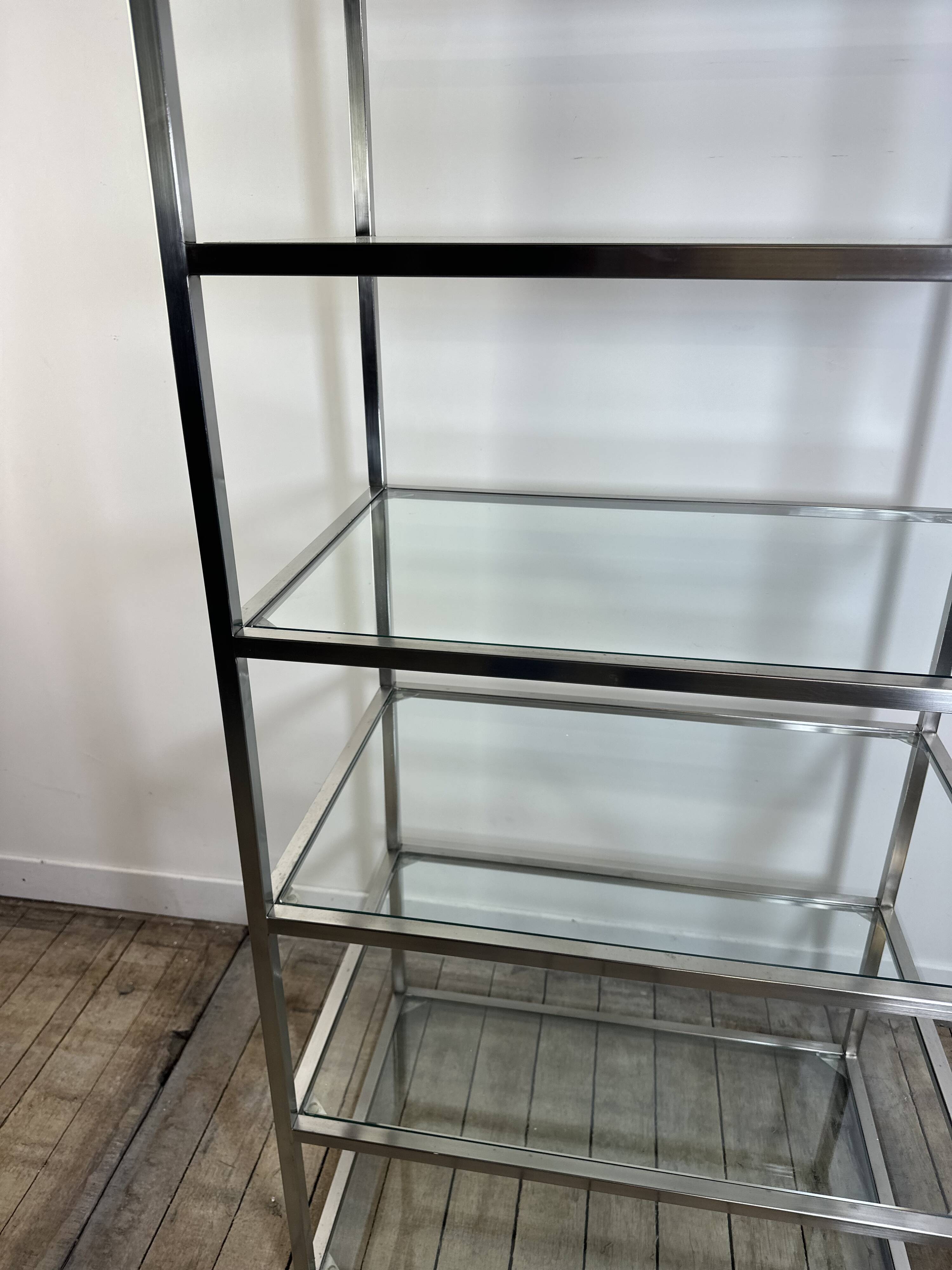 1980s stainless steel and glass bookcase shelf