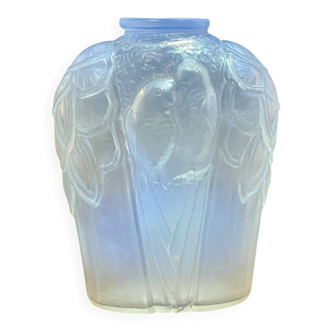 Pressed glass vase signed Carrillo, decorated with parakeets