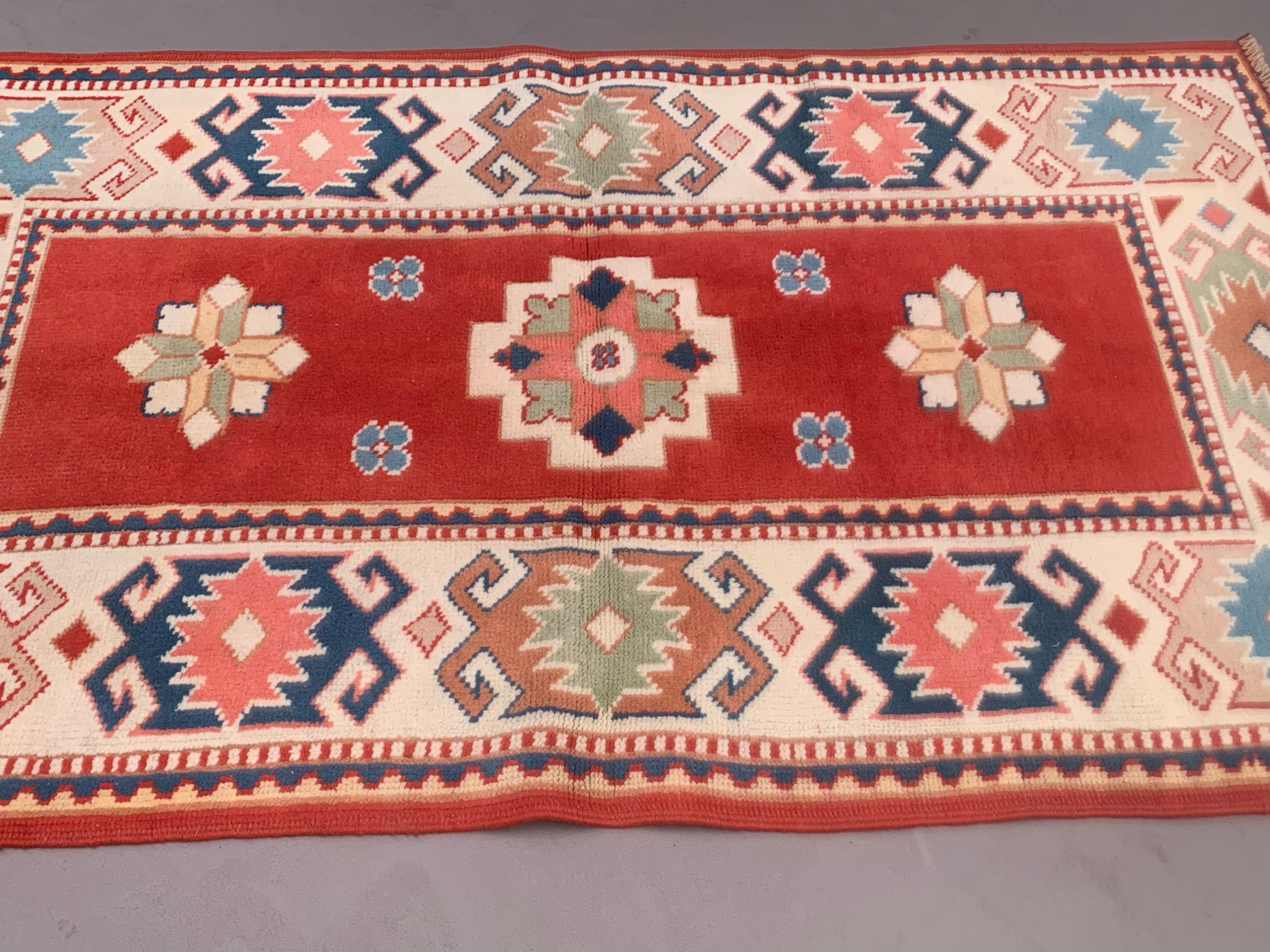Old turkish kazak rug 140x83 cm vintage, red and blue