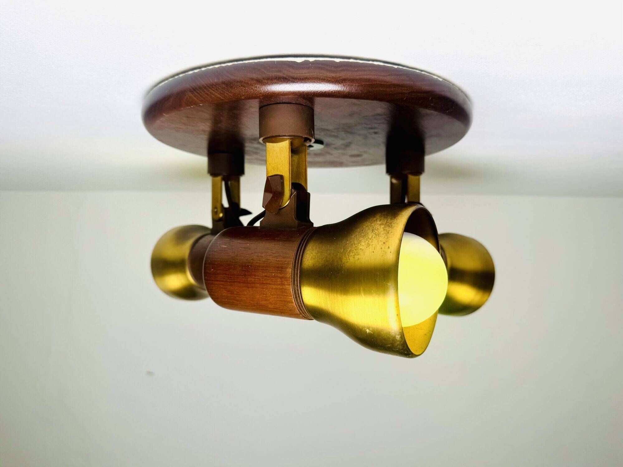 Model 837 Trio-Light Adjustable Ceiling Lamp In Wood And Brass By Temde Leuchten, Switzerland 1960S