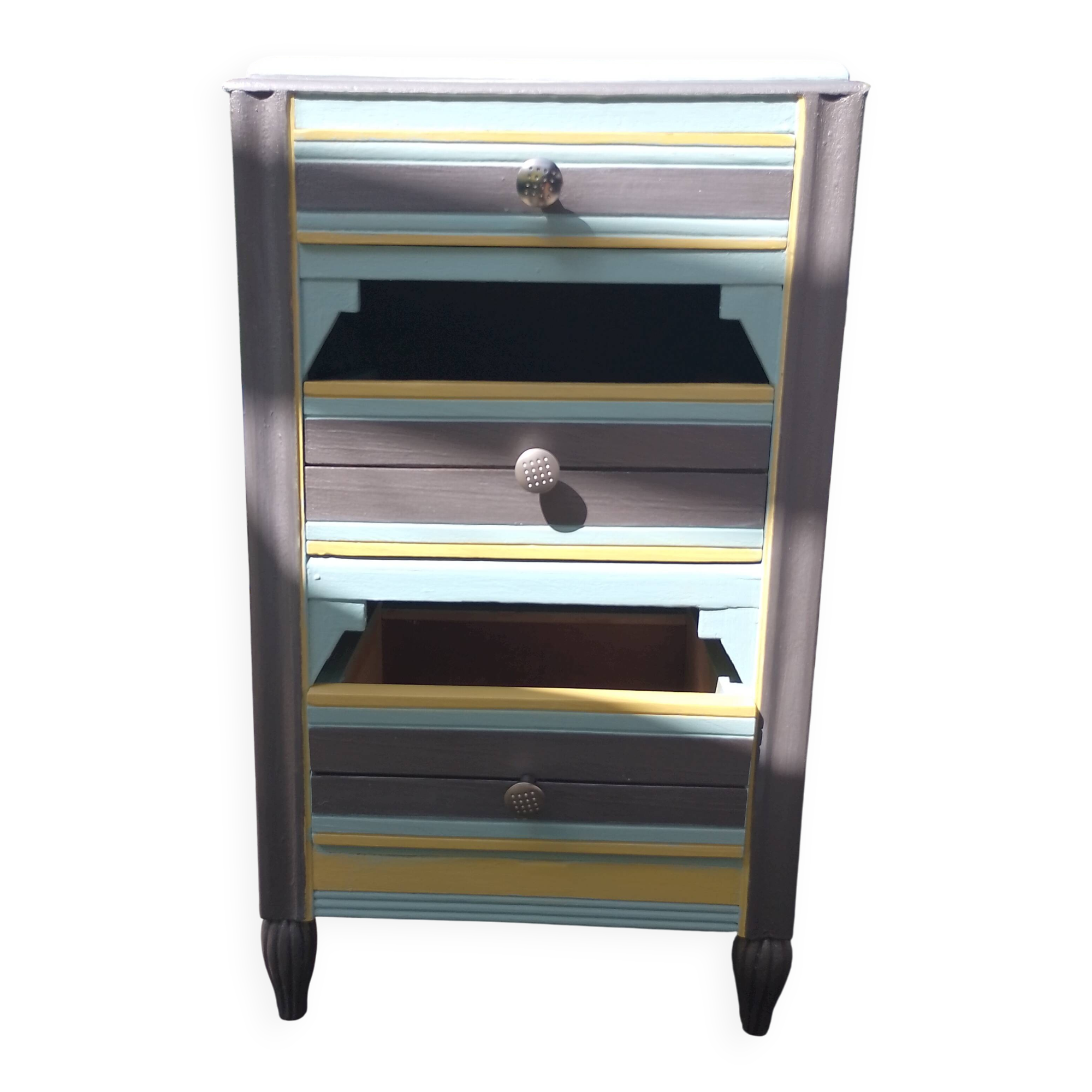 Meuble d appoint, commode 3 tiroirs, en bois, rénovée vintage