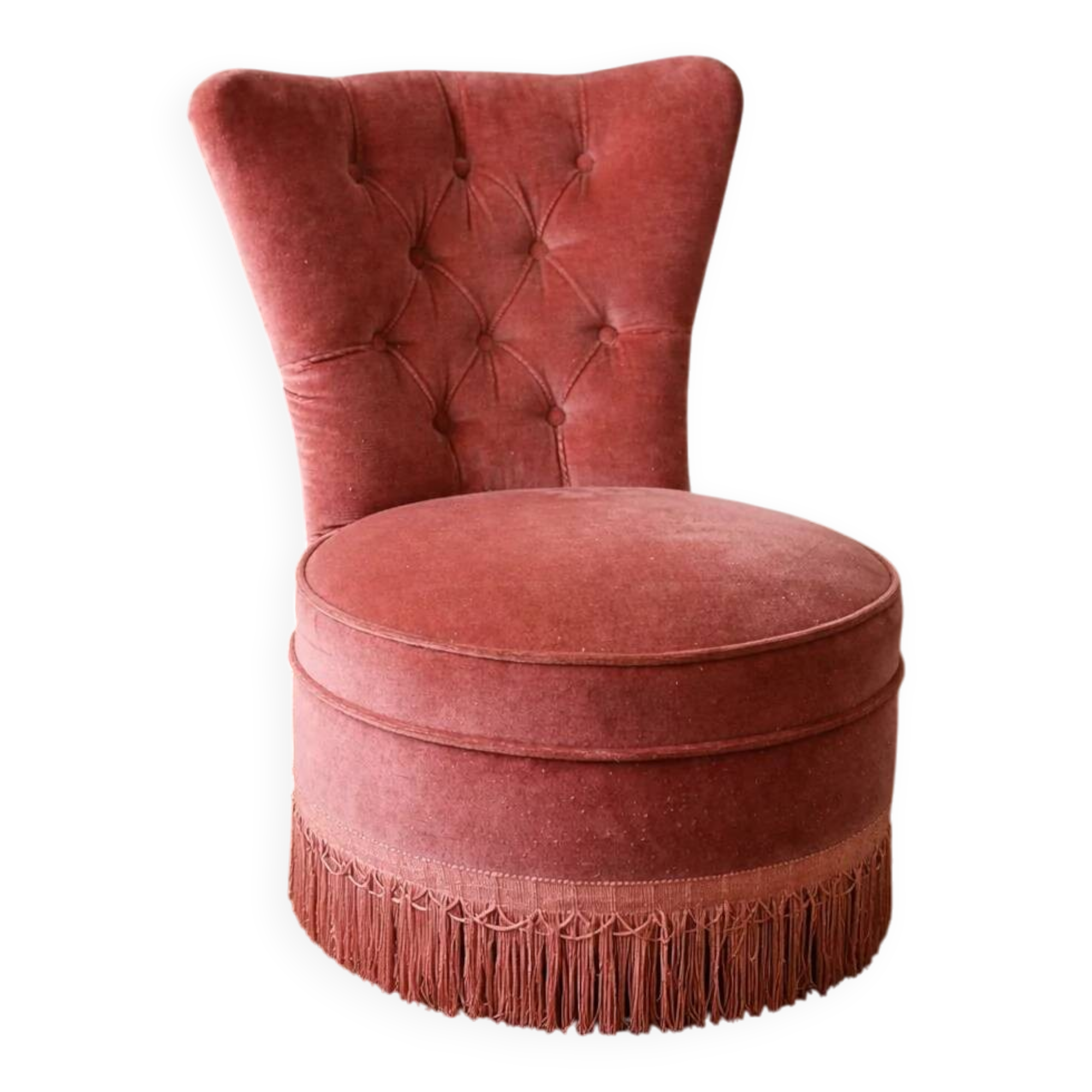 Small tufted armchair in old rose velvet – vintage – boudoir style