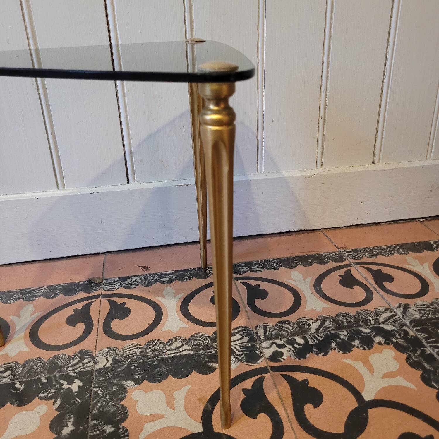 Tripod table in smoked glass – triangular top – 1950s–1960s