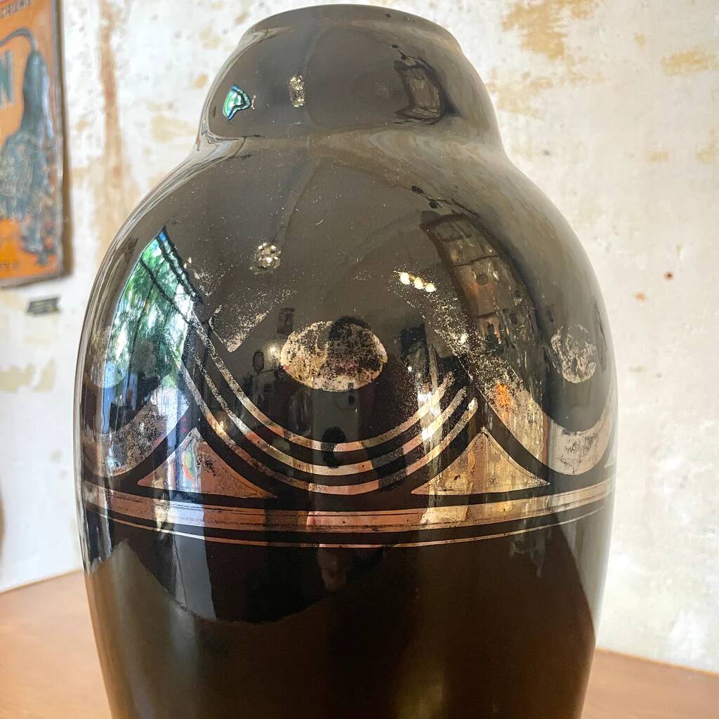 Large black and silver art deco vase