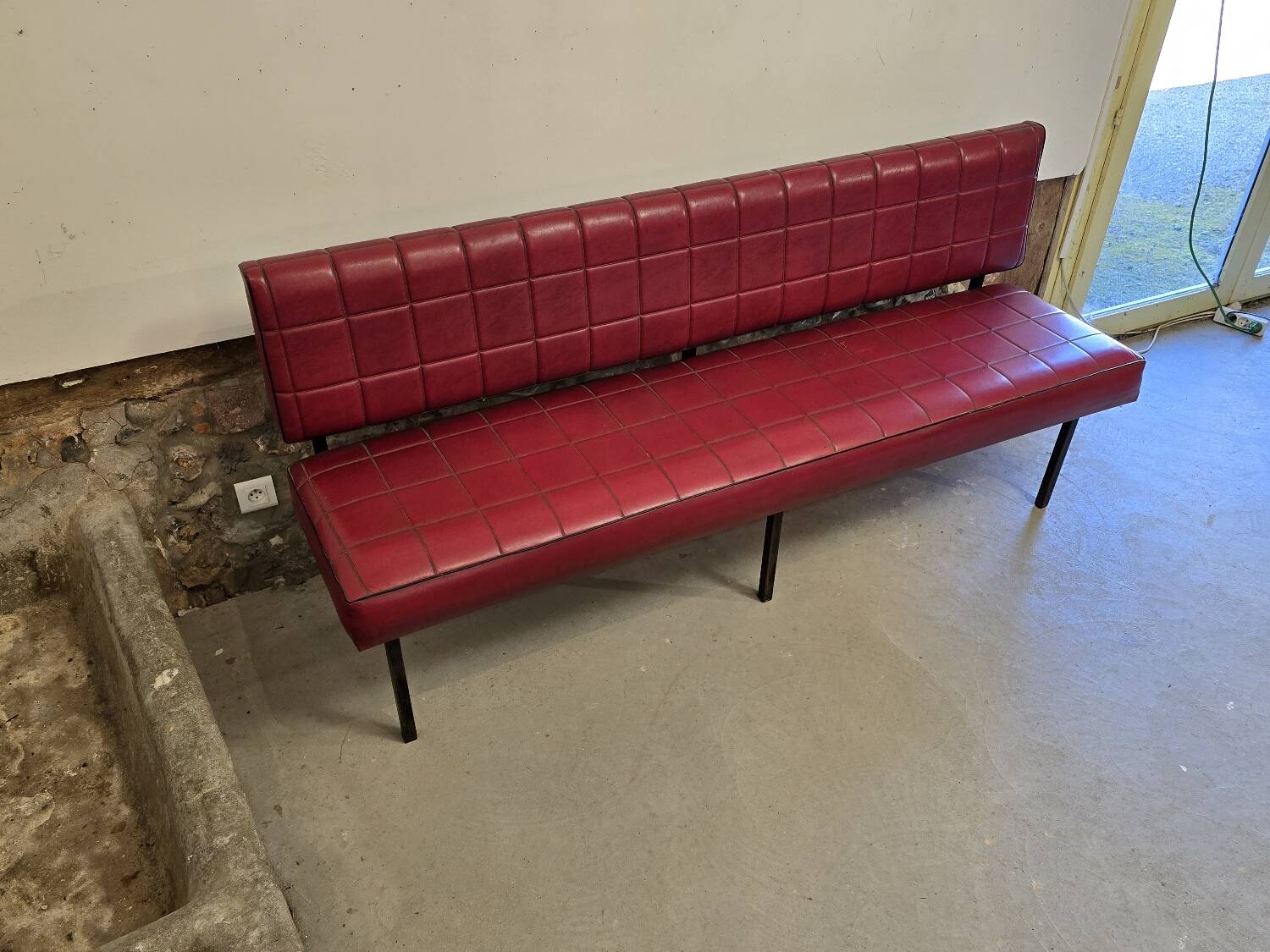 1960s double bistro bench in buttoned burgundy red skai