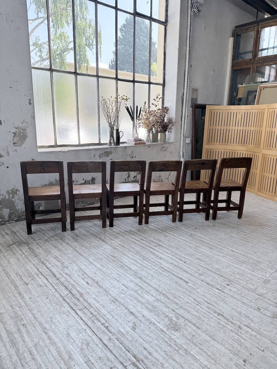 Set of 4 Savoyard pine folk art chairs from the 1950s.
