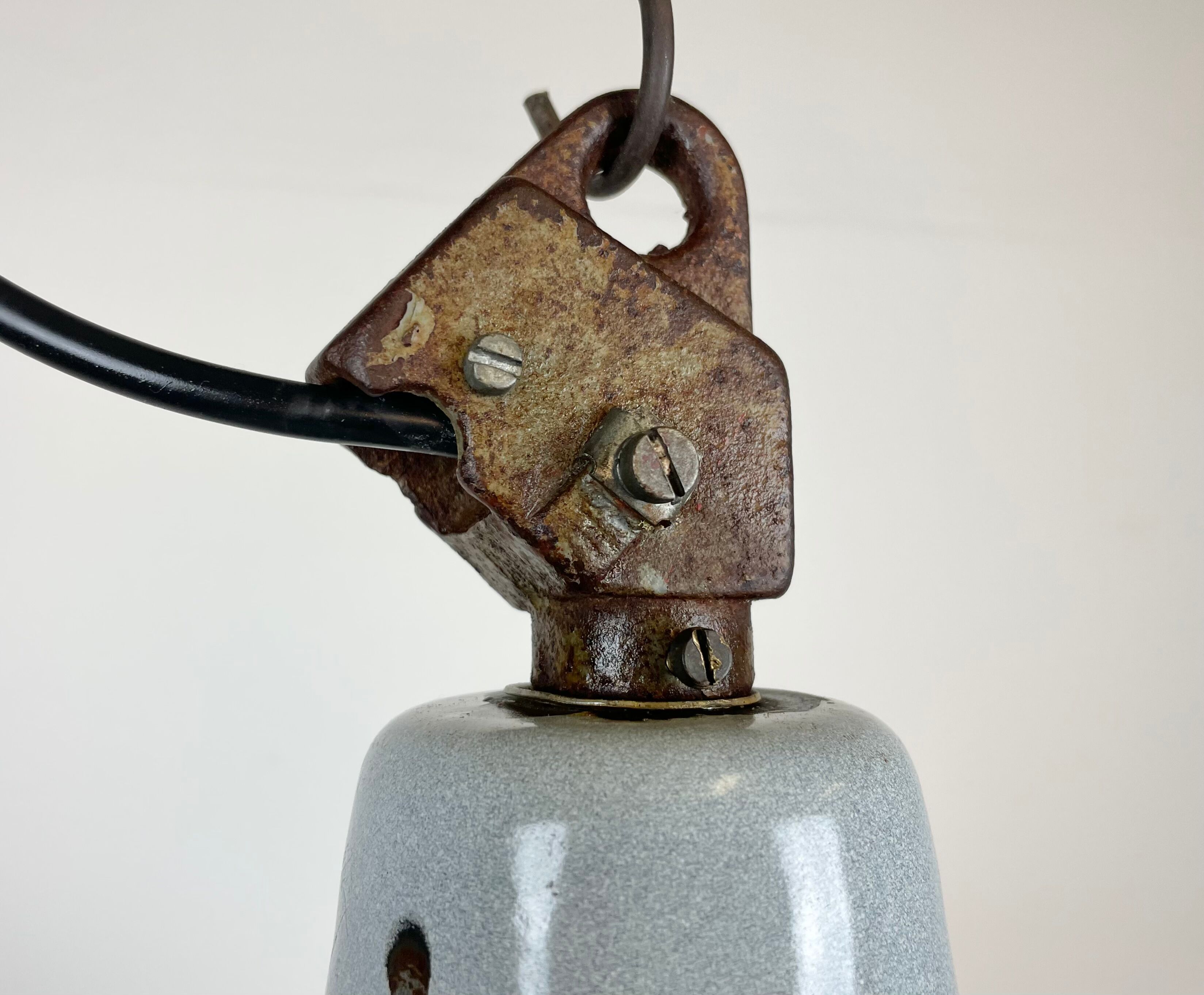 Industrial Grey Enamel Factory Lamp with Cast Iron Top, 1960s