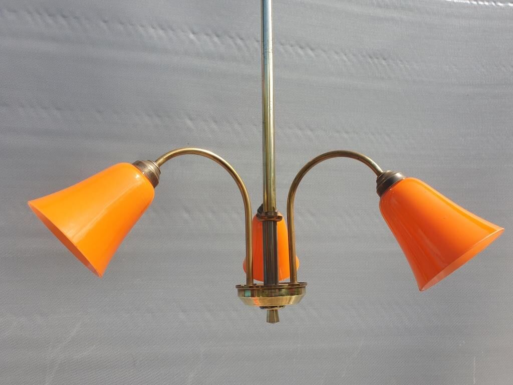 Brass chandelier 3 tulips orange Casimir 1970