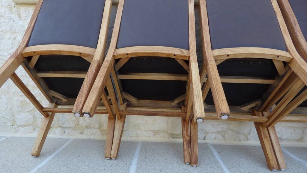 6 High-back chairs in high-quality, plush solid wood with brown faux leather