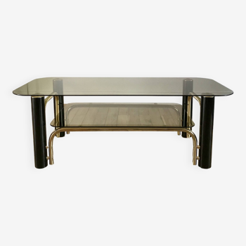 table basse en verre fumé et métal noir et doré années 70