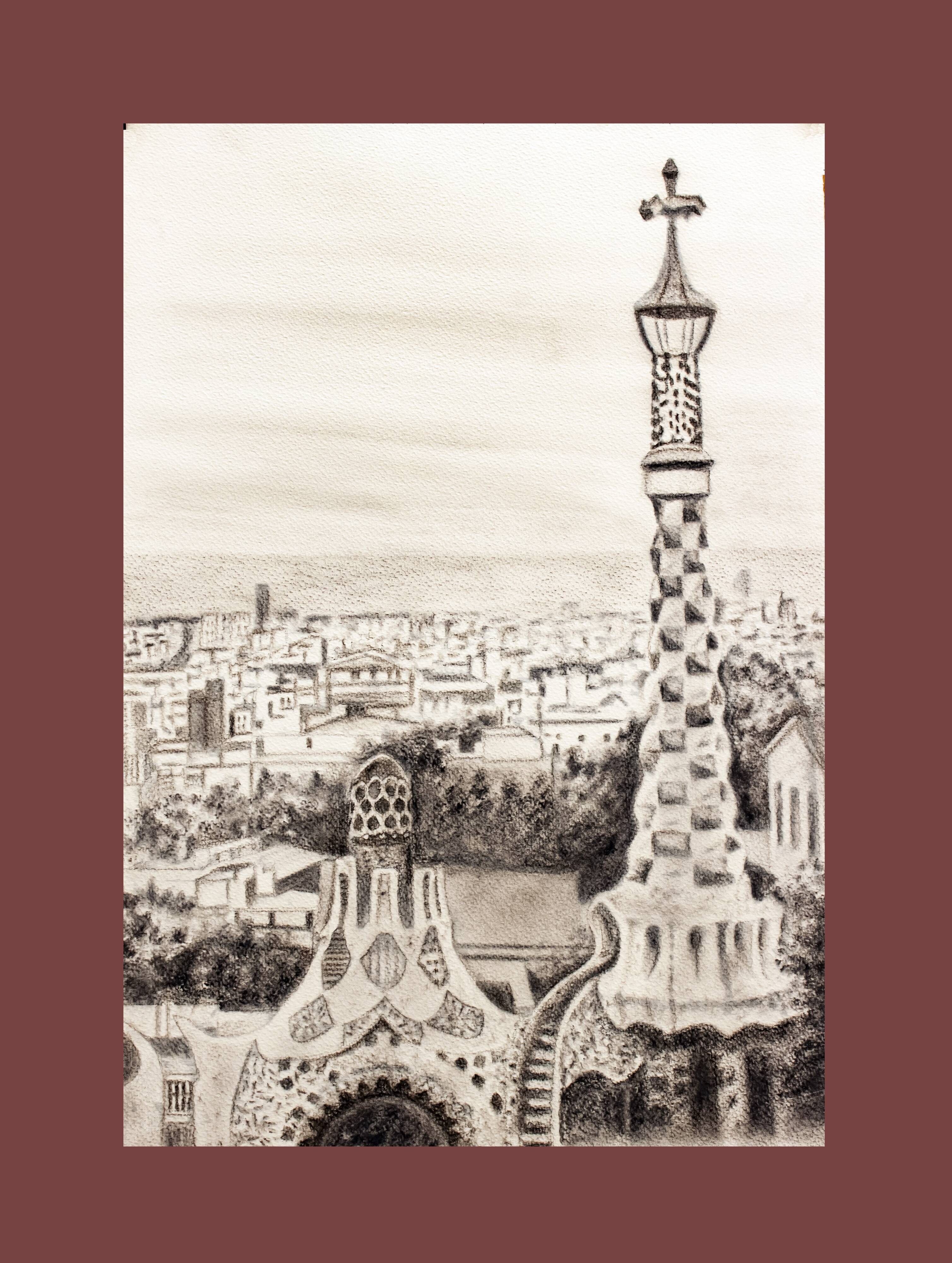 CHARCOAL DRAWING OF BARCELONA VIEW OF PARK GUELL. CITYSCAPE OF BARCELONA.