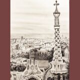DESSIN AU FUSAIS DE BARCELONE VUE DU PARC GUELL. PAYSAGE URBAIN DE BARCELONE.
