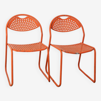 Pair of vintage red garden chairs from the 70s, italian design