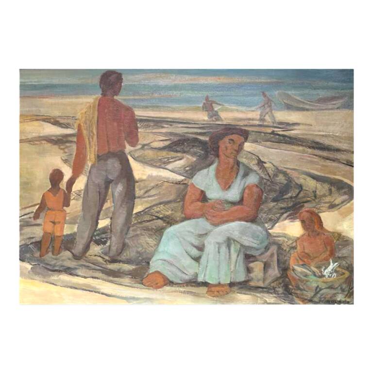Painting "return from fishing", oil on panel, flory roland ca 1945