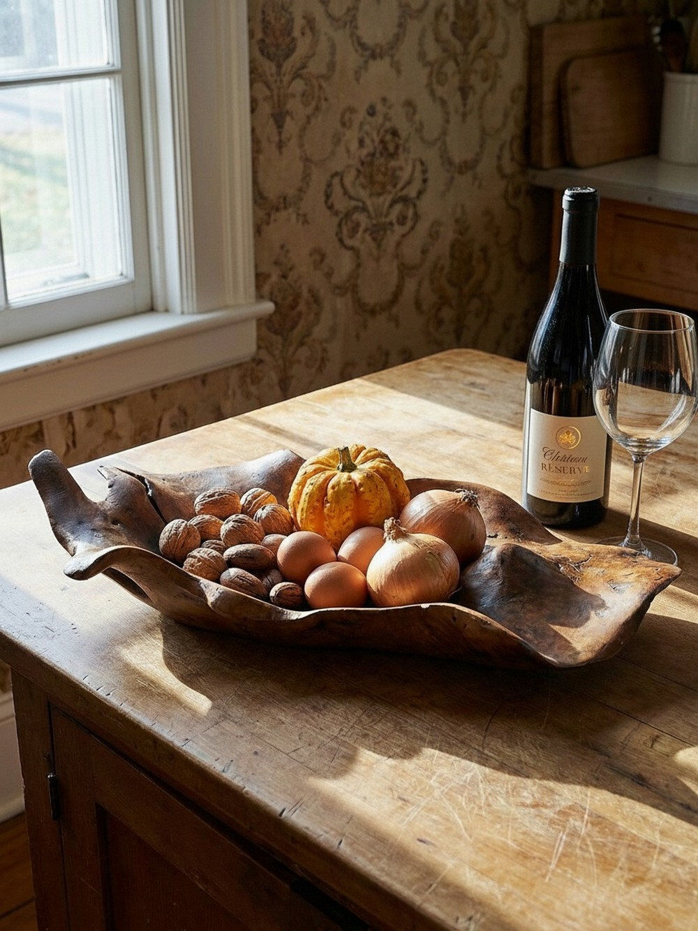 Large monoxyle bowl made of dark raw olive wood from the 1950s.