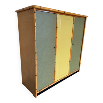Vintage bamboo and wood wardrobe with colourful panels, 1970s design.