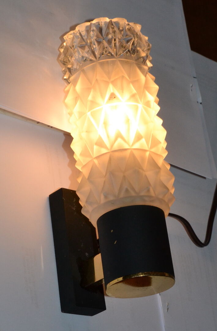 Pair of Arlus sconces with golden brass and glass, 50