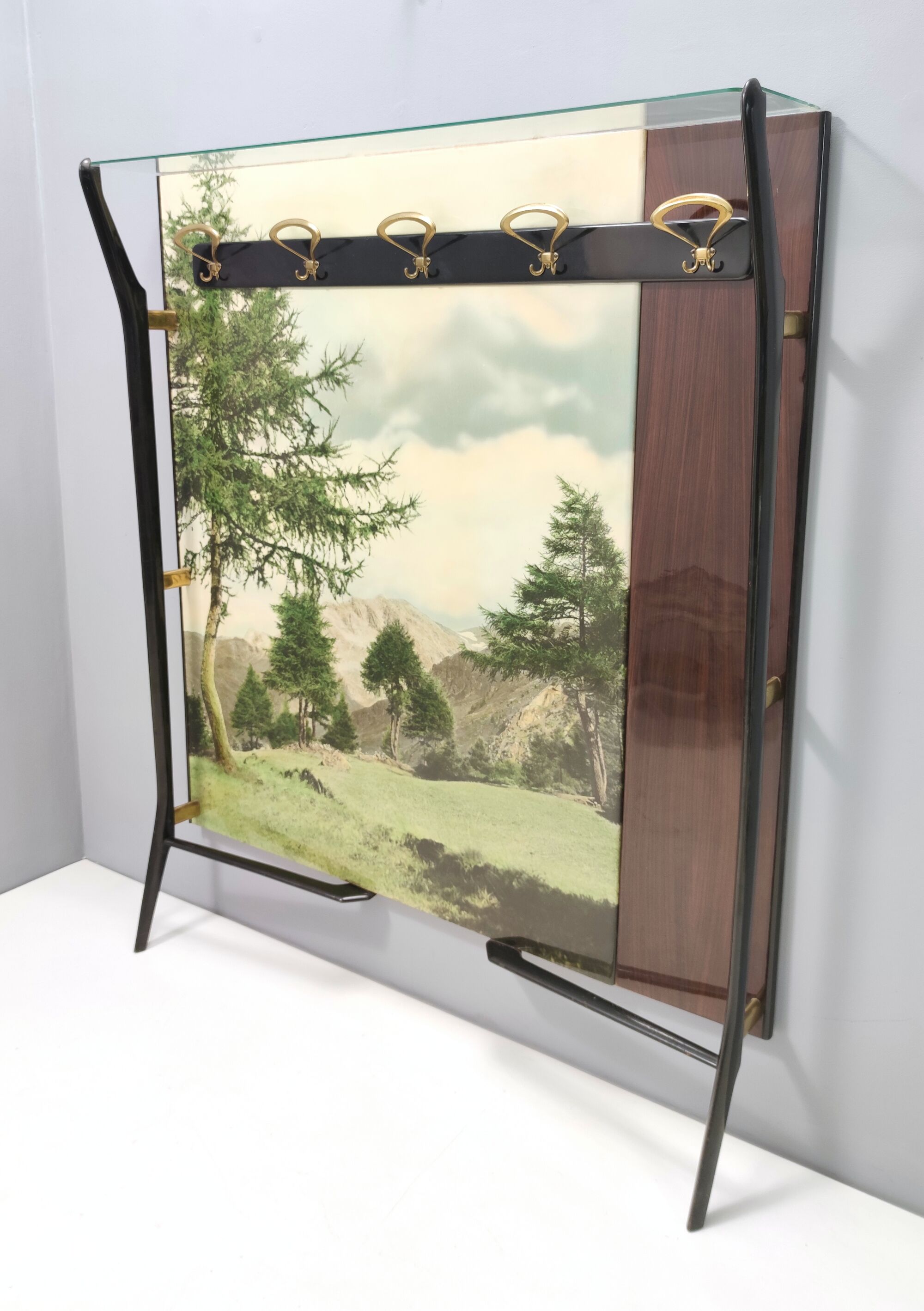 Vintage Ebonized Beech, Brass and Glass Coat Rack with a Landscape, Italy