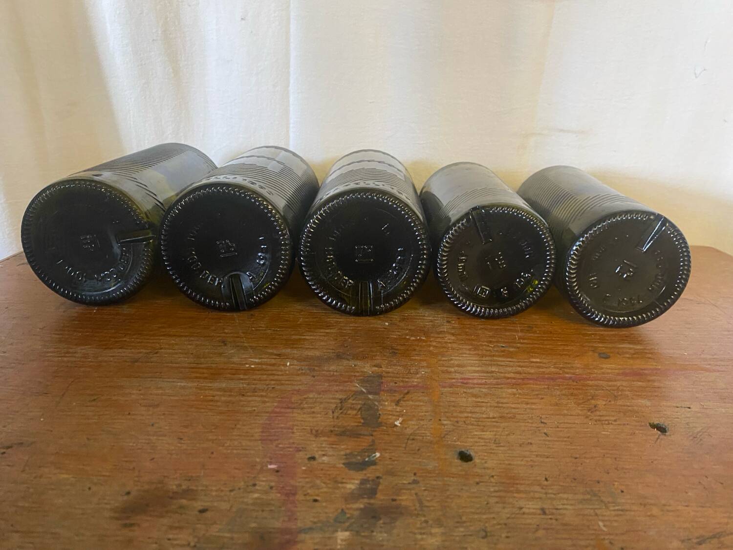 Set of 5 antique carapelli bottles, smoked and ribbed vintage glass