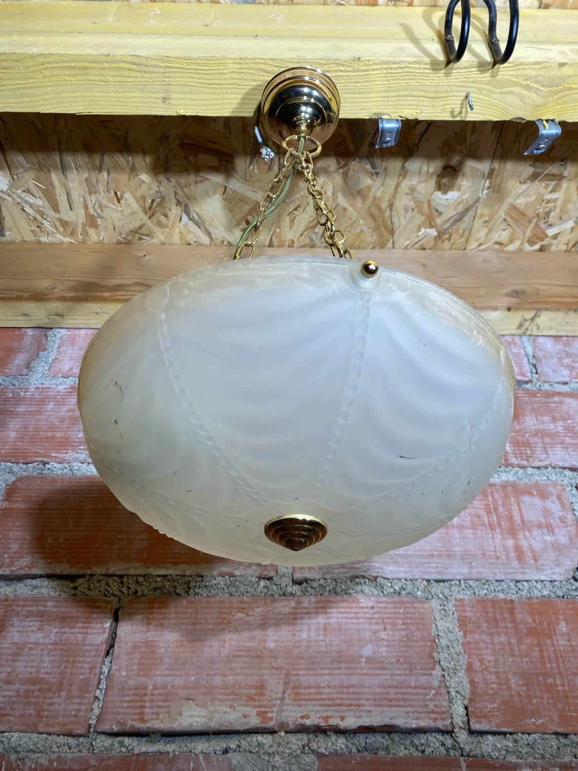 Antique Pendant Light Dome Molded Glass + Vintage Gold Metal