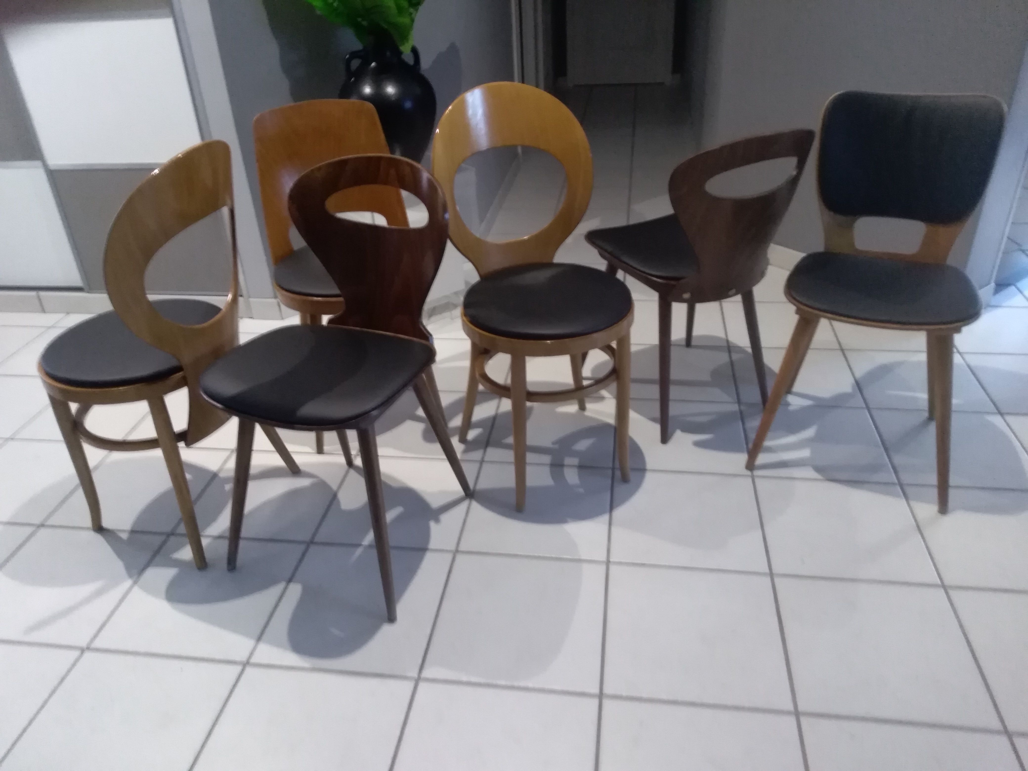 Suite of 6 chairs by Bistrot Baumann mismatched model Ant, Mondor, Seagull and Max Bill