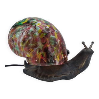 Snail lamp in bronze and multicolored glass. Ancient artisanal work