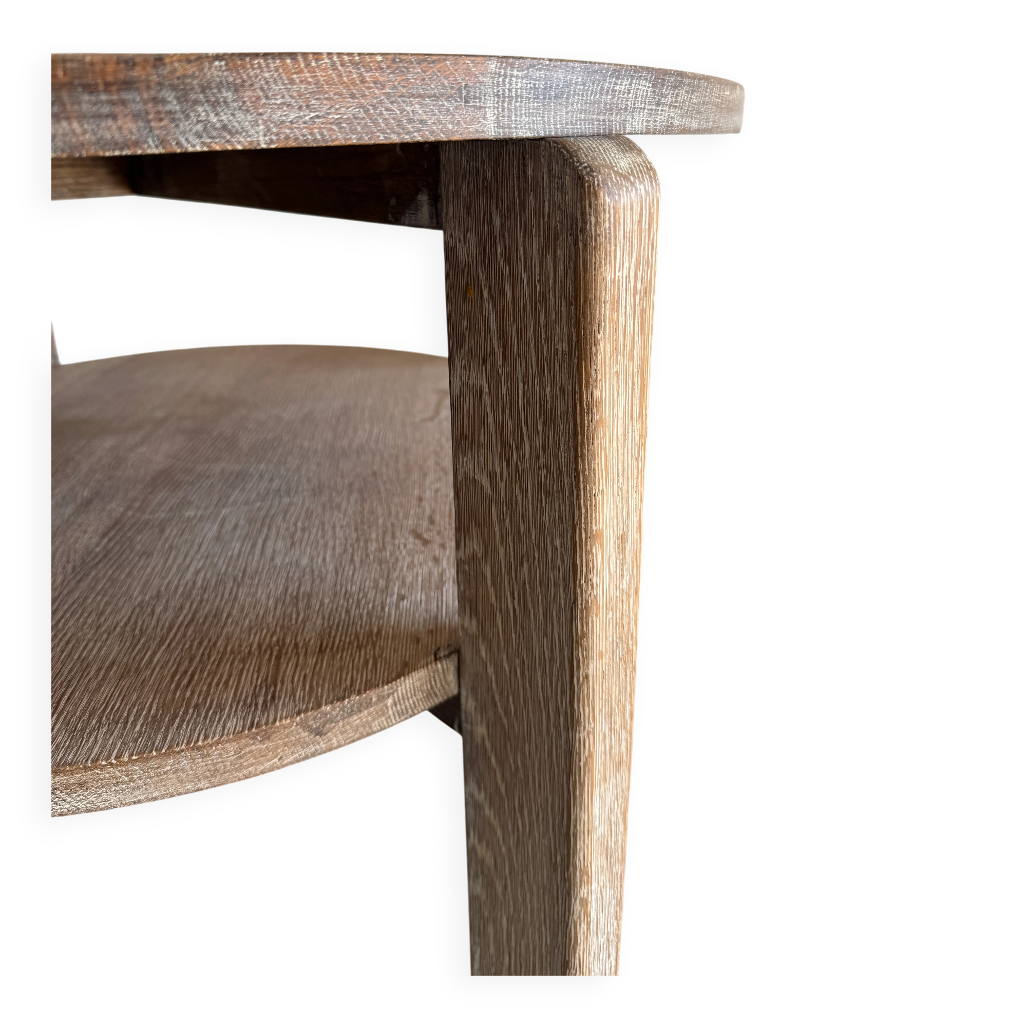 Art Deco round oak side table in light weathered oak with lower shelf, geometric three-leg design