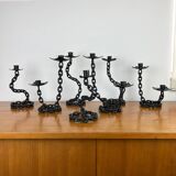 7 wrought iron candle holders in brutalist chain style