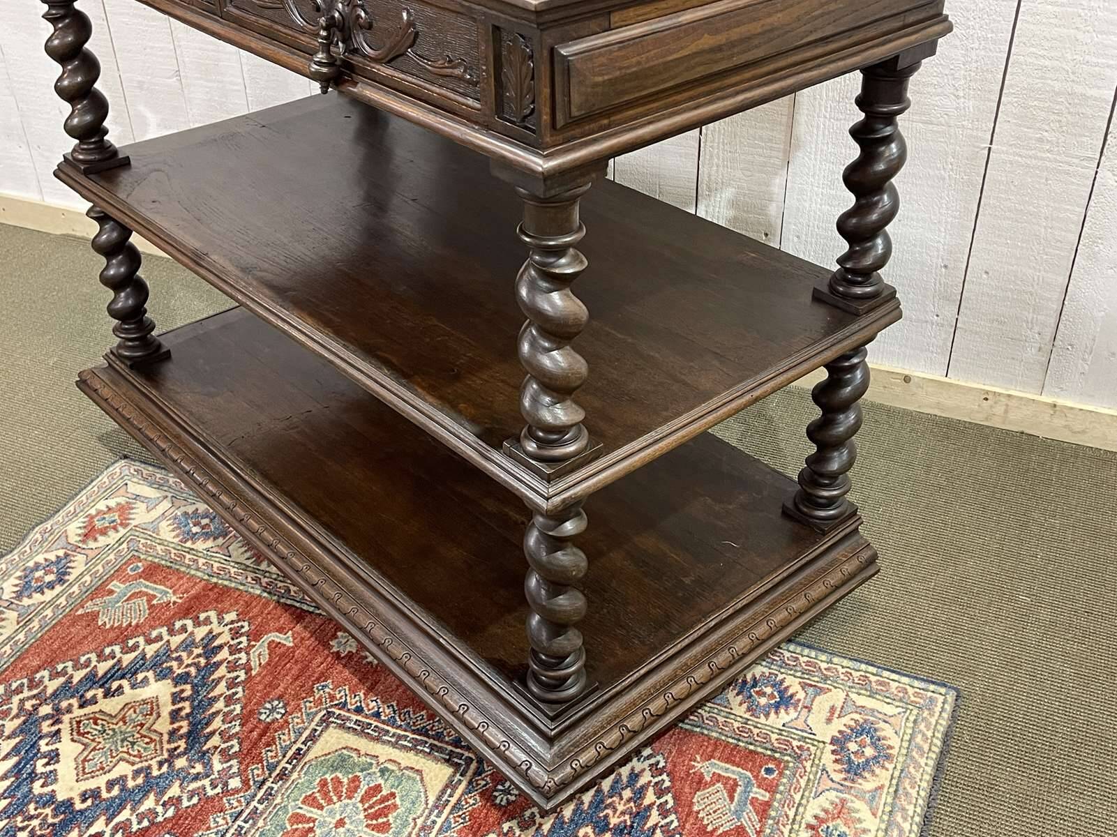 Henry II late 19th century oak serving trolley - top opens into a dresser