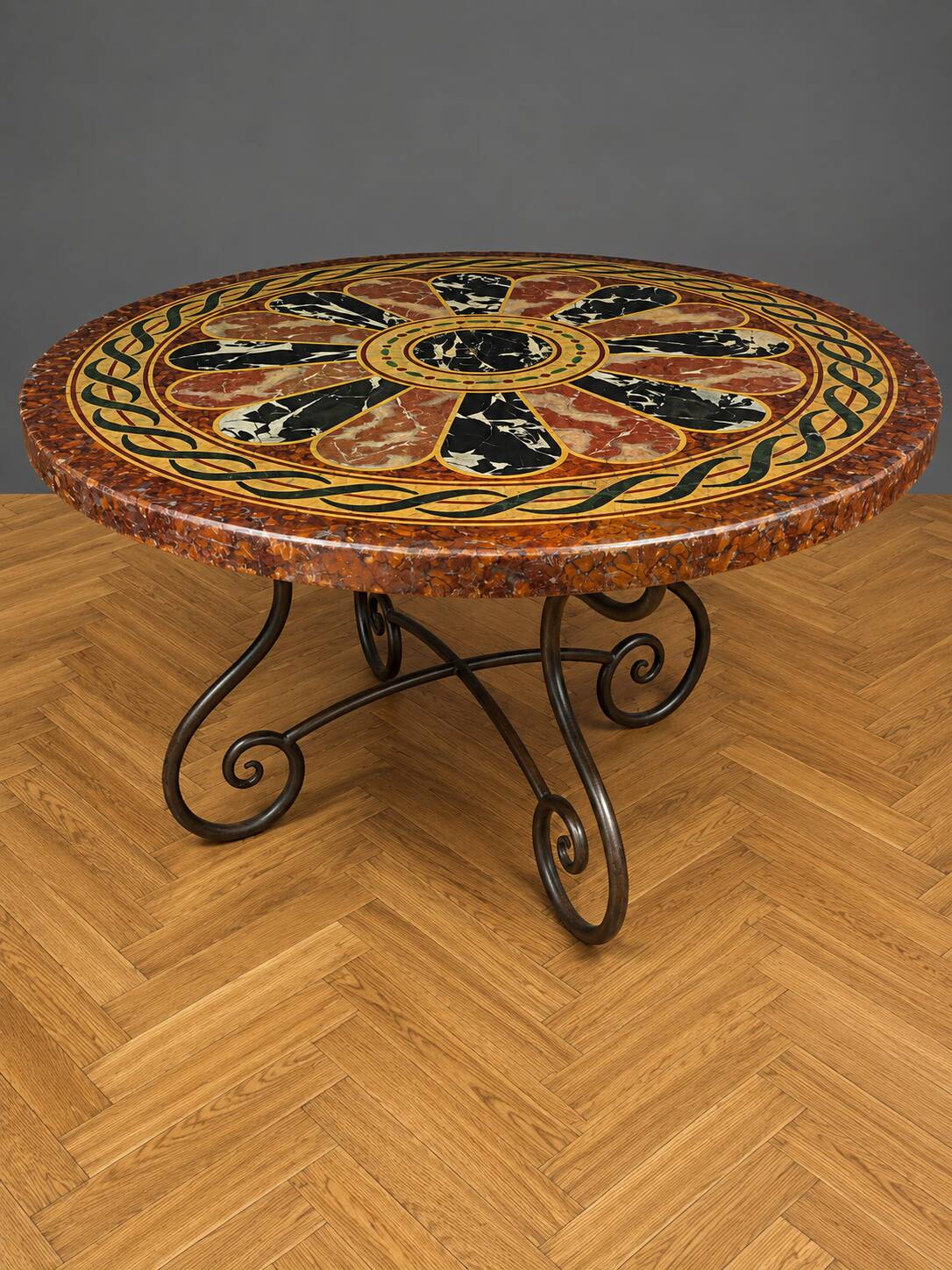 Grande table ronde à plateau en bois peint façon scagliola