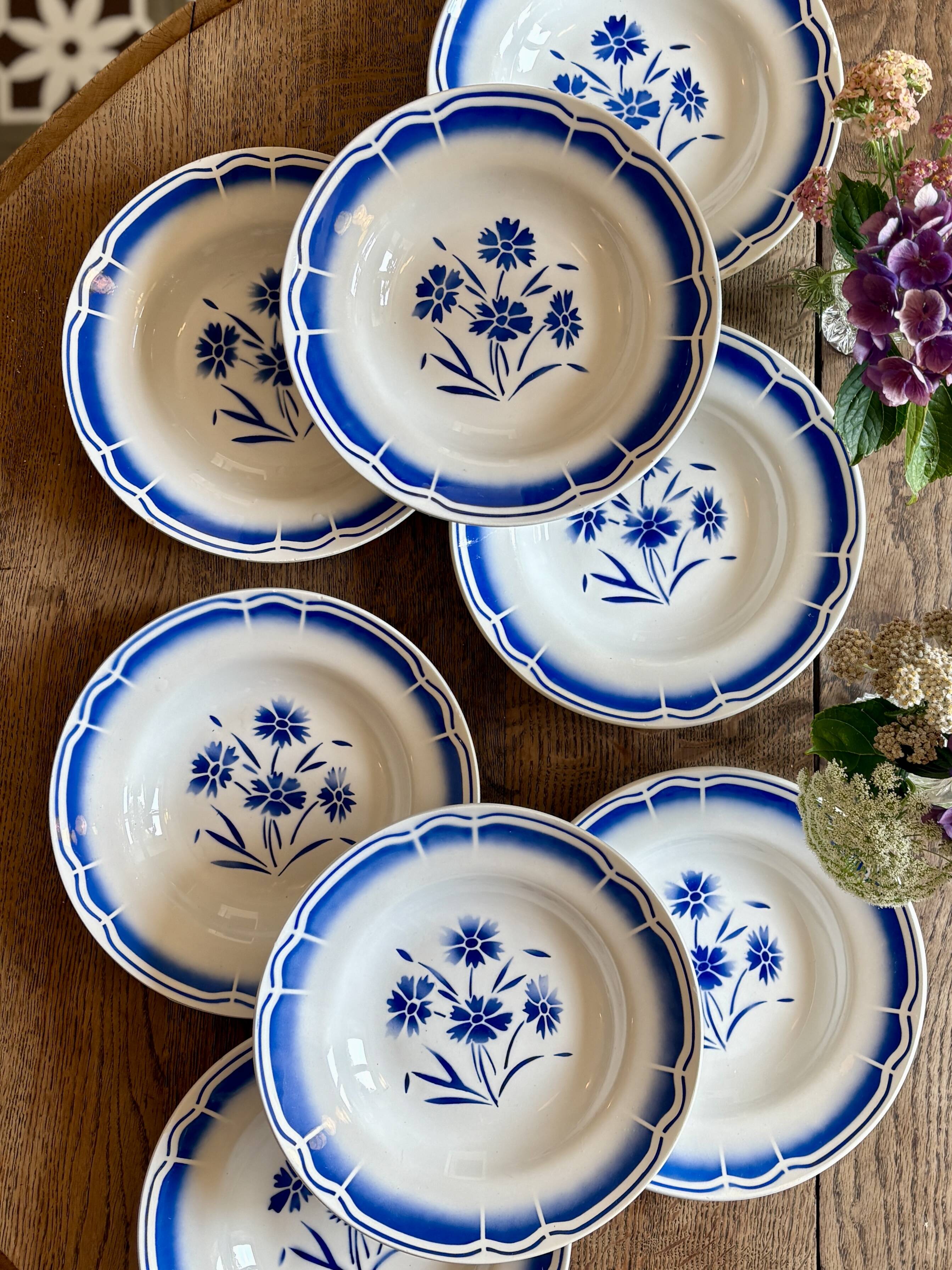 Set of 8 antique soup plates, blue flower decorations