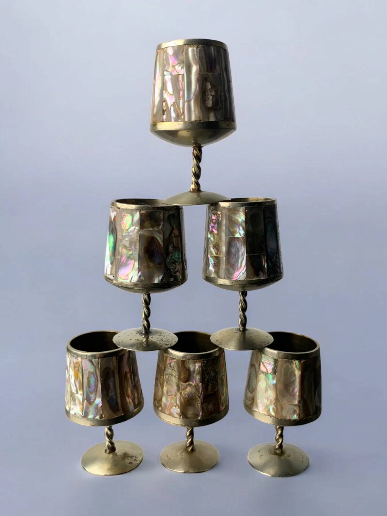 Abalone shell & alpaca shot glasses, set of 6, Mexico, circa 1970s