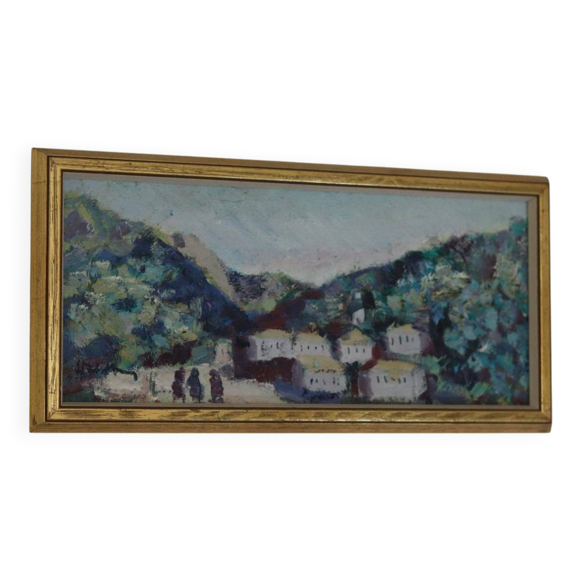 Original mid-century Swedish oil on panel "Village" by Bertil Wahlberg.